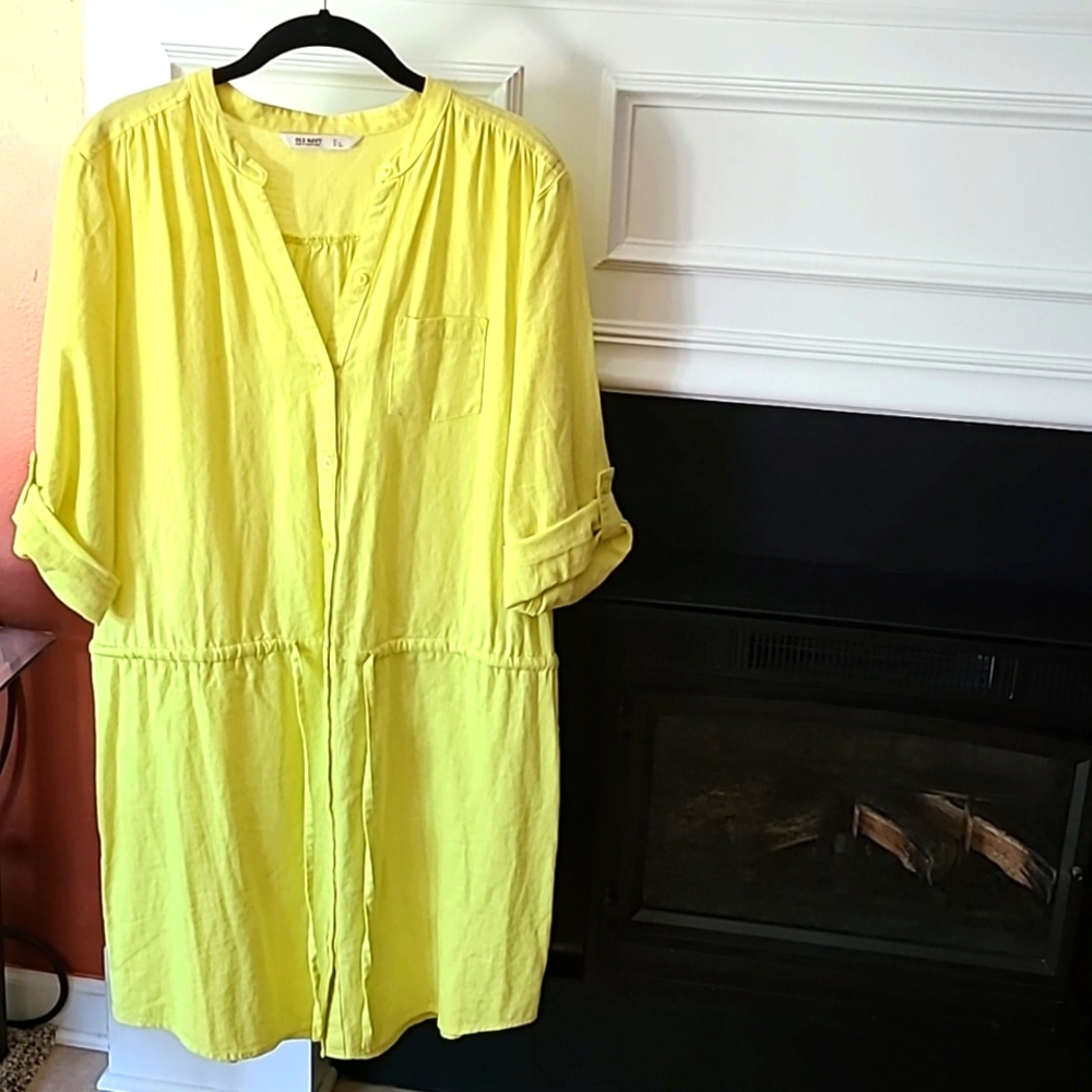 Old Navy Linen Button Down Shirt Dress- Drawstring Waist- Roll Tab Sleeves
